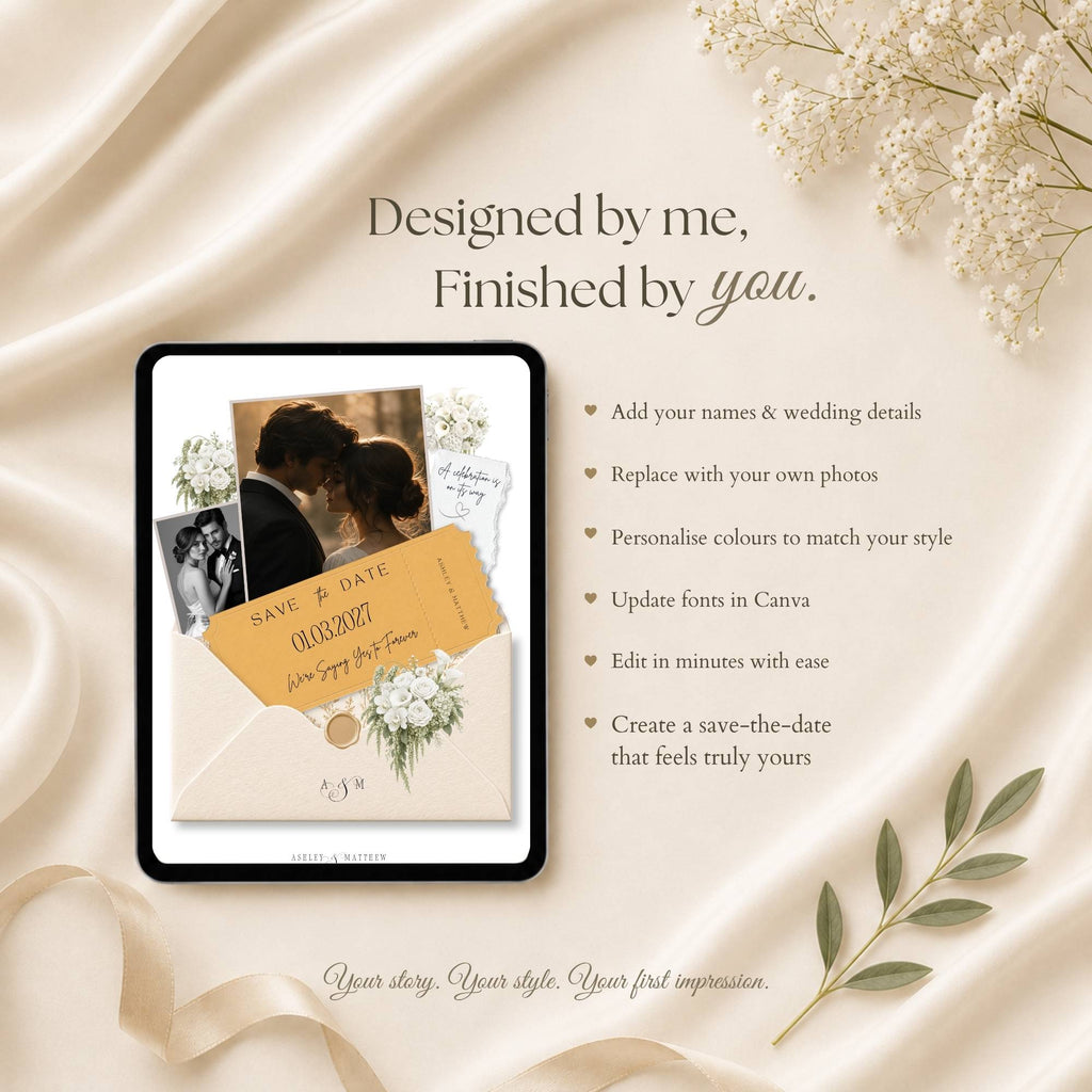 Floral save the date wedding website featuring editable photos and elegant wedding details