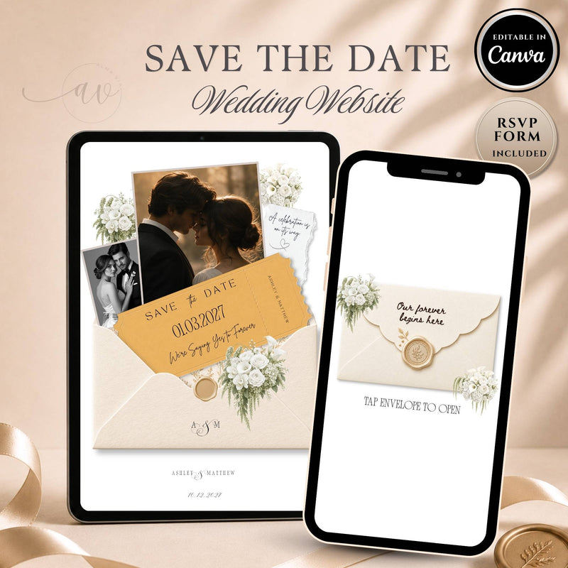Champagne gold save the date wedding website template displayed on tablet and phone with floral envelope design