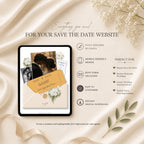Mobile responsive champagne gold wedding save the date website with photo and floral details