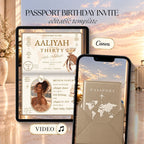 Champagne passport birthday invitation video displayed on tablet and phone with elegant travel-inspired birthday design and editable Canva template.