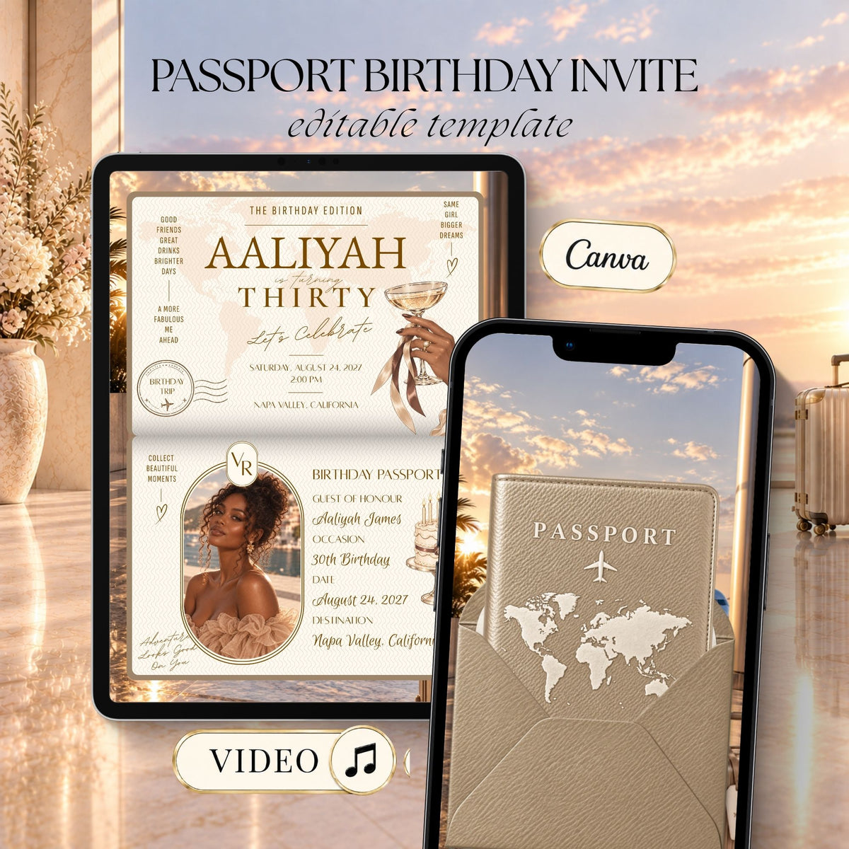 Champagne passport birthday invitation video displayed on tablet and phone with elegant travel-inspired birthday design and editable Canva template.