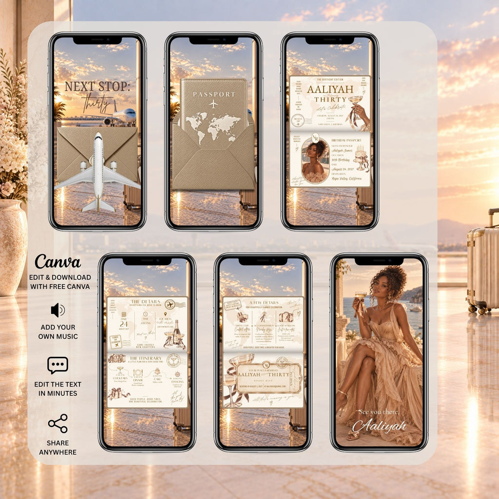 Champagne passport birthday video showing travel opening, passport reveal, birthday invitation, itinerary, RSVP and closing photo scenes.