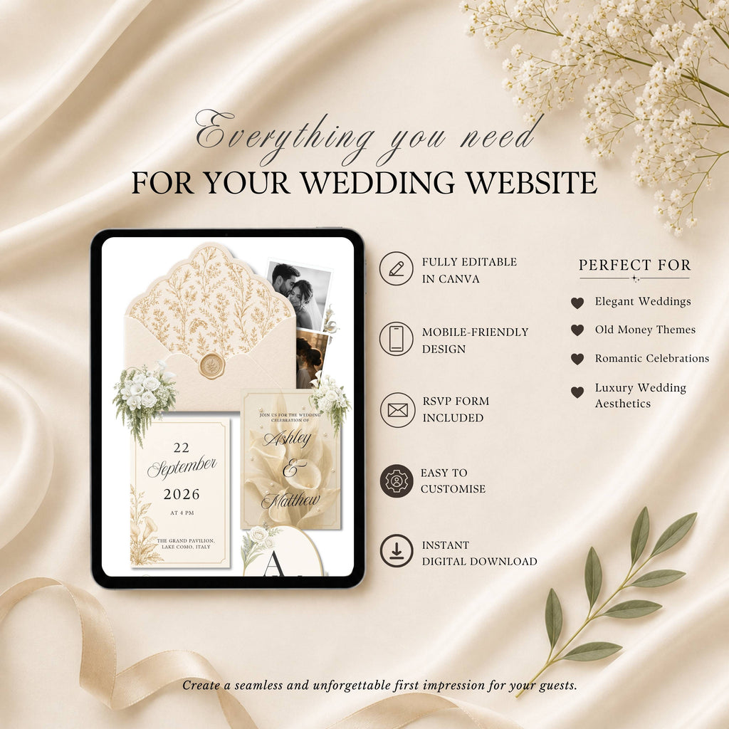 Four page champagne wedding website template featuring RSVP page love story page and wedding details page