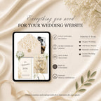 Four page champagne wedding website template featuring RSVP page love story page and wedding details page