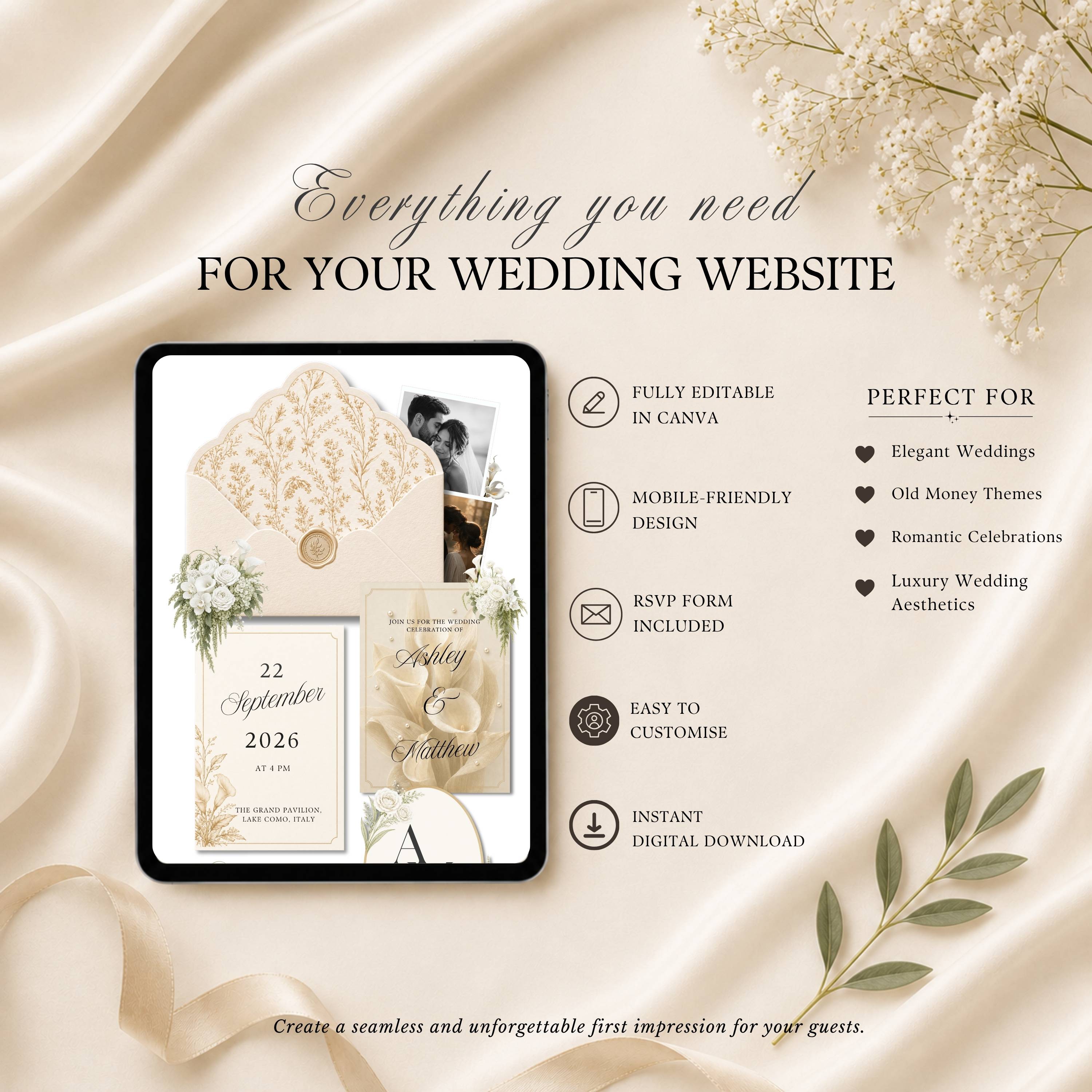 Four page champagne wedding website template featuring RSVP page love story page and wedding details page