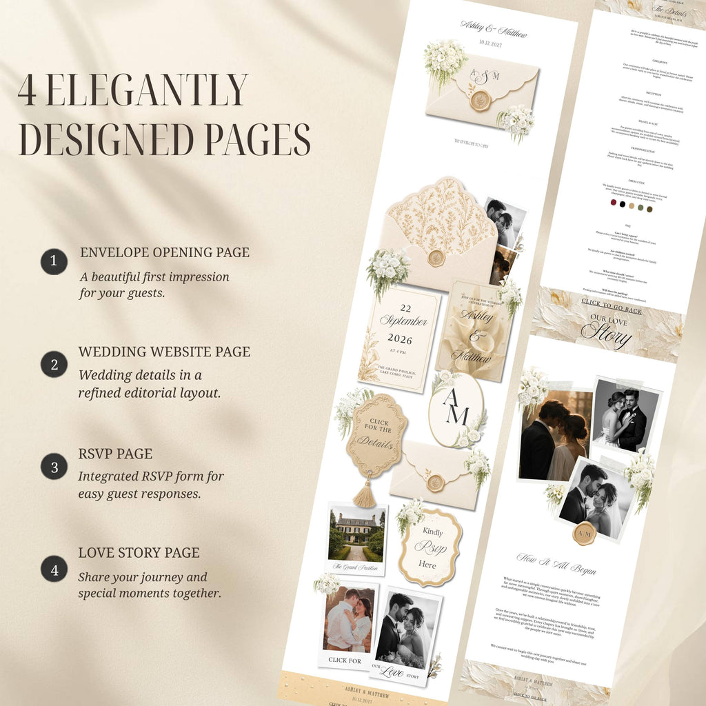 Interactive envelope opening page for champagne wedding website template
