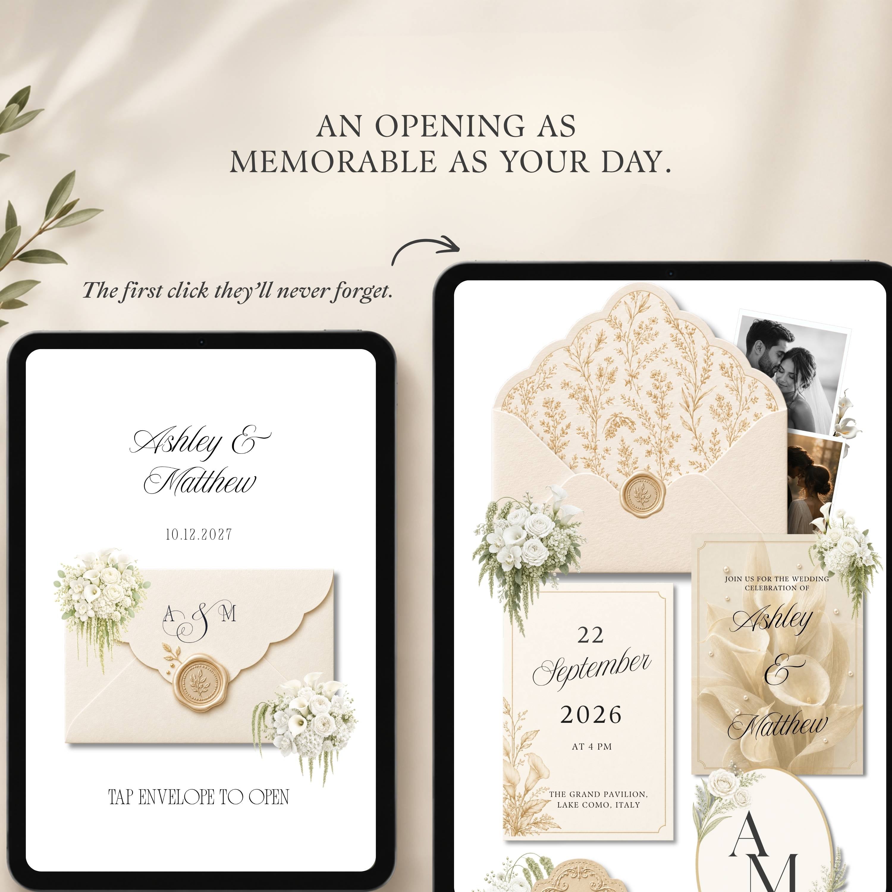 Champagne Canva wedding website homepage with floral details and wedding information