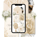 Love story page for champagne wedding website template editable in Canva