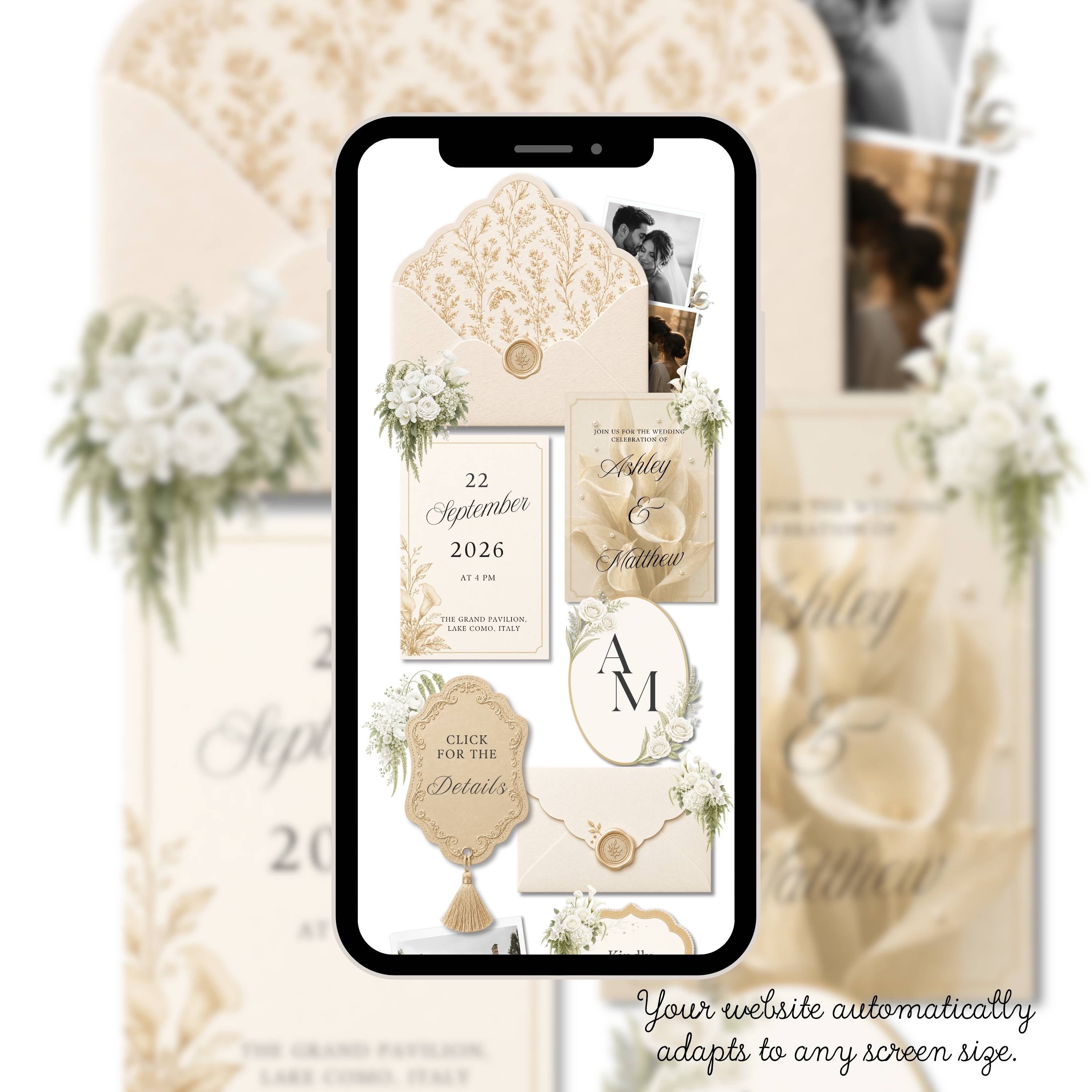 Love story page for champagne wedding website template editable in Canva