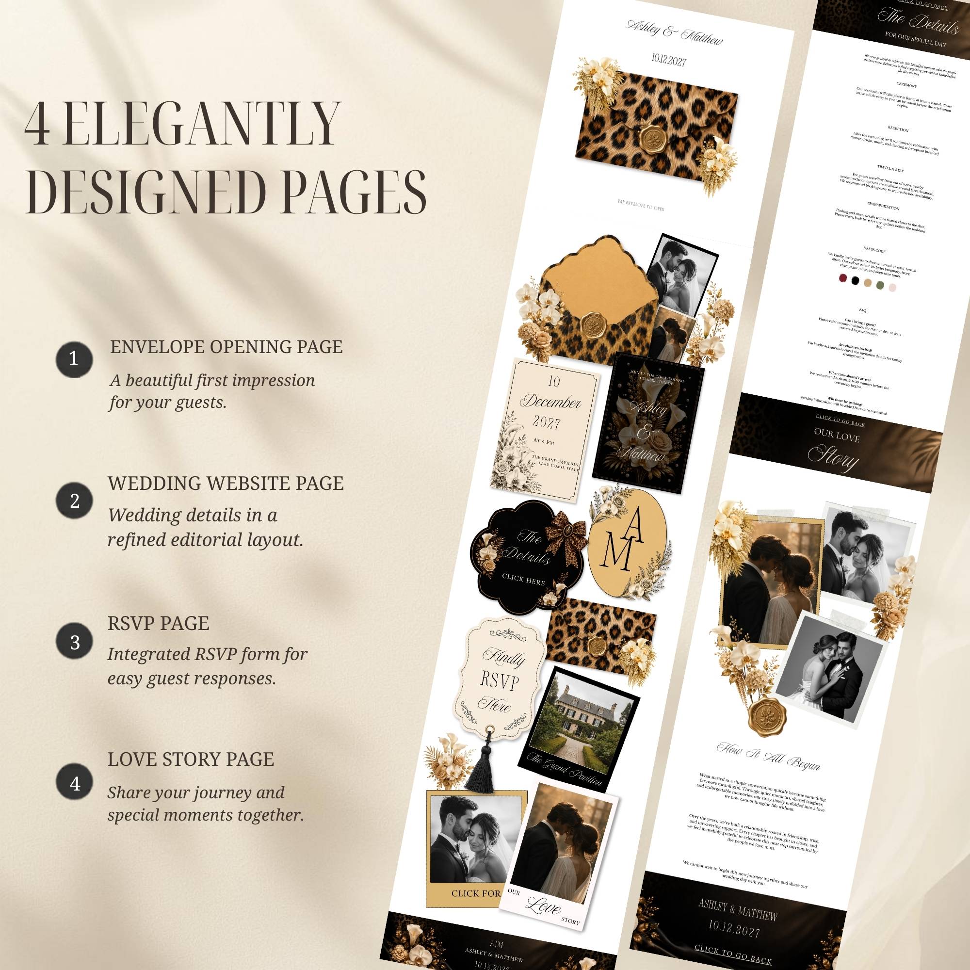Interactive envelope opening page for cheetah wedding website template
