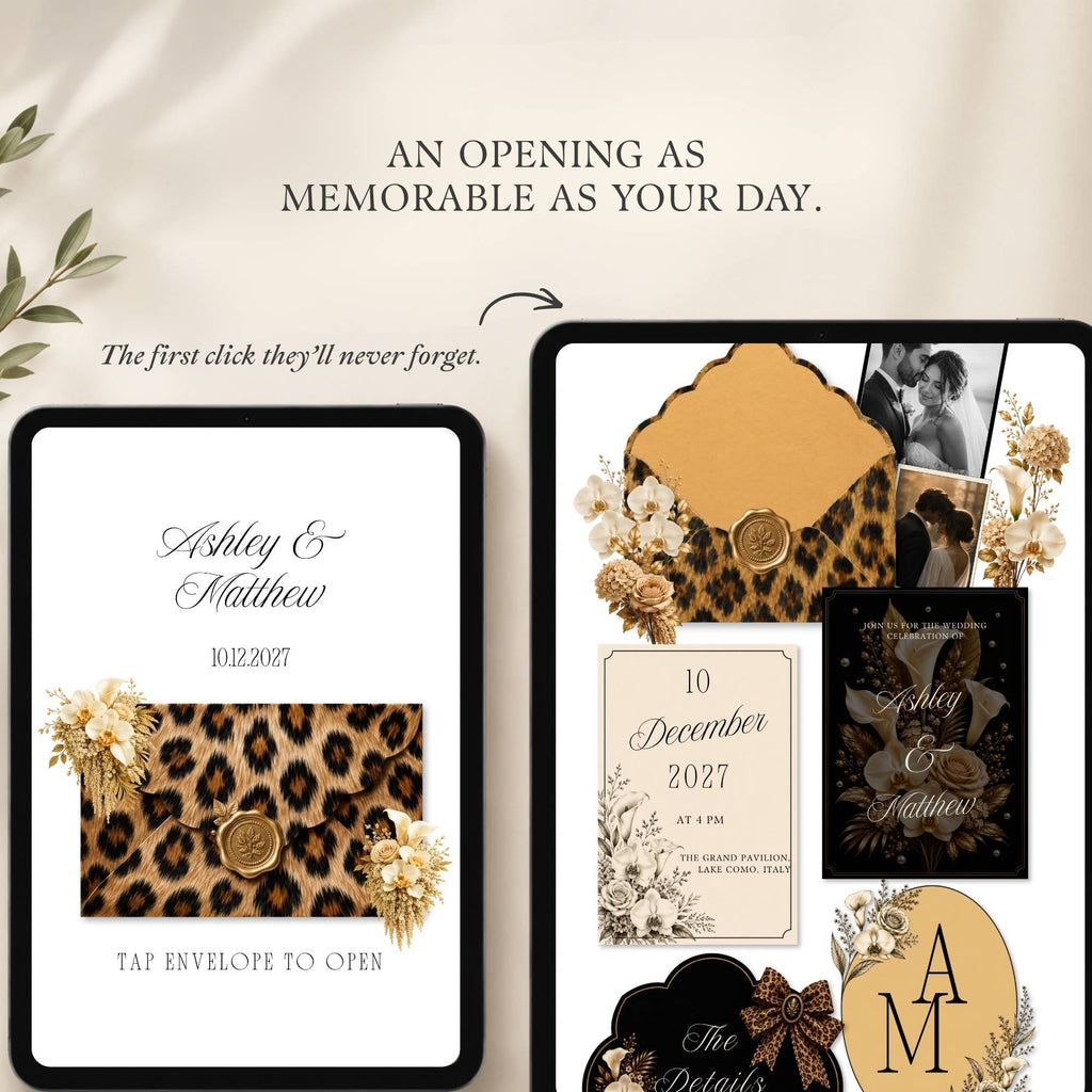 Cheetah Canva wedding website homepage with floral details and wedding information