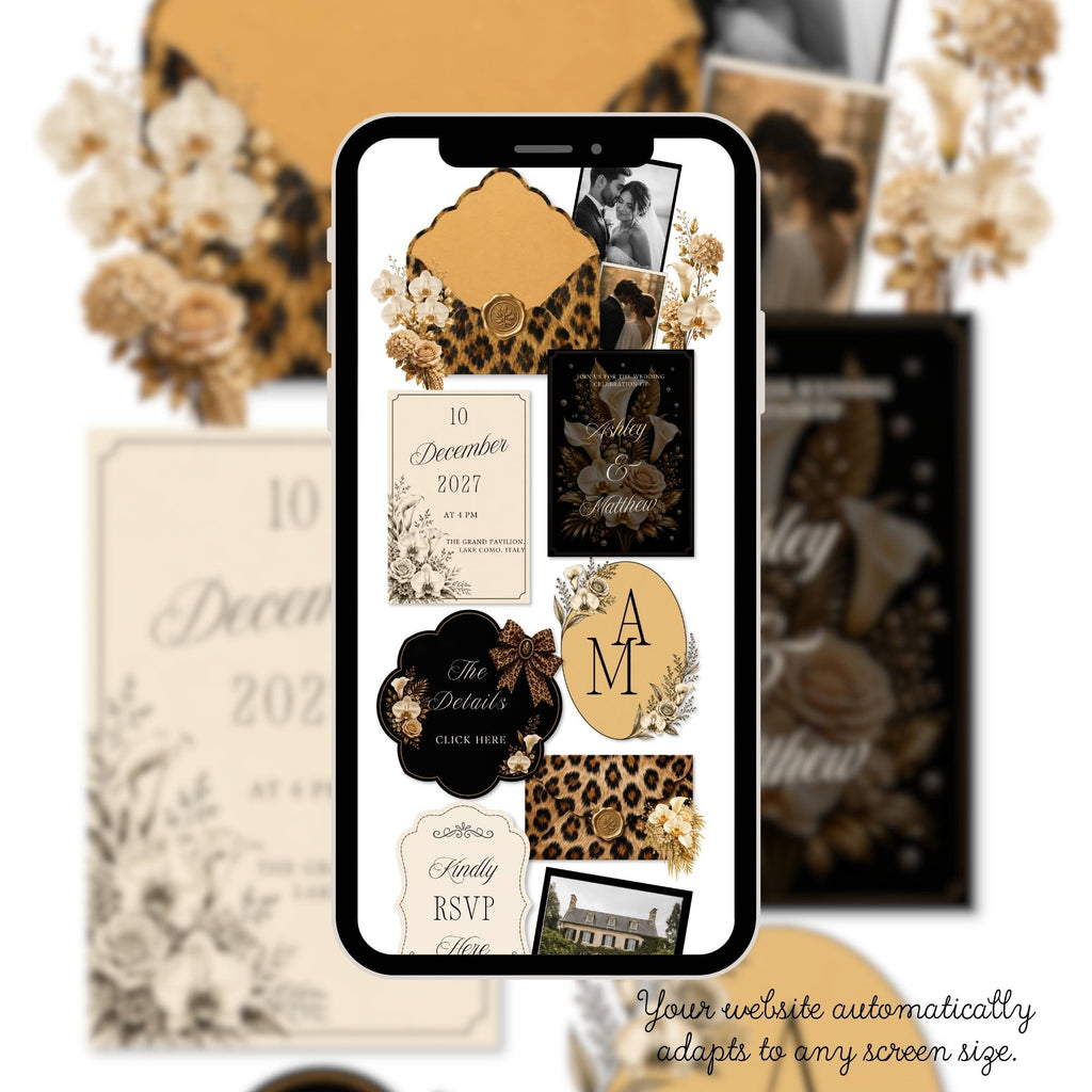 Love story page for cheetah wedding website template editable in Canva