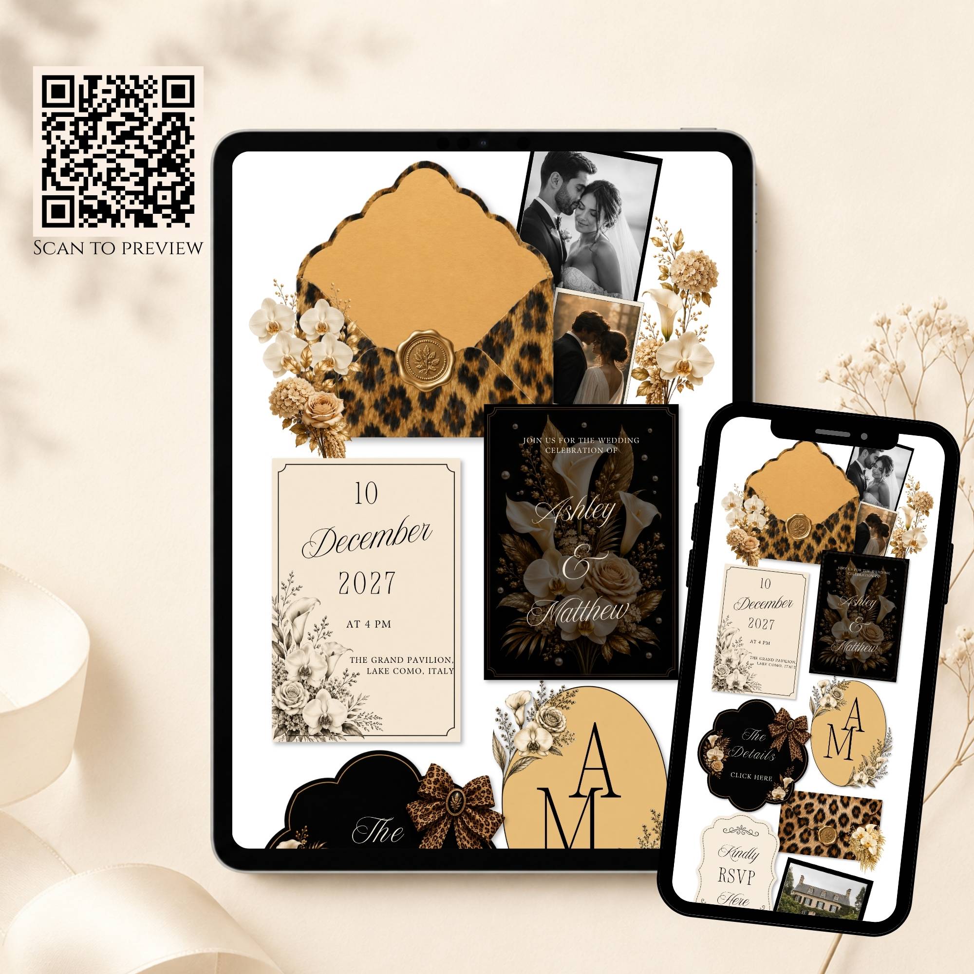 Mobile wedding website template with elegant cheetah print design