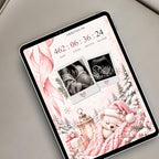Christmas baby shower website displayed on a tablet with live countdown, ultrasound photos and cosy pink winter illustrations.