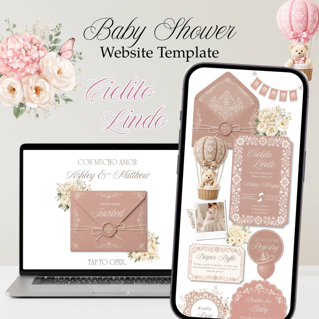 Cielito Lindo baby shower website with elegant neutral floral design and online RSVP.