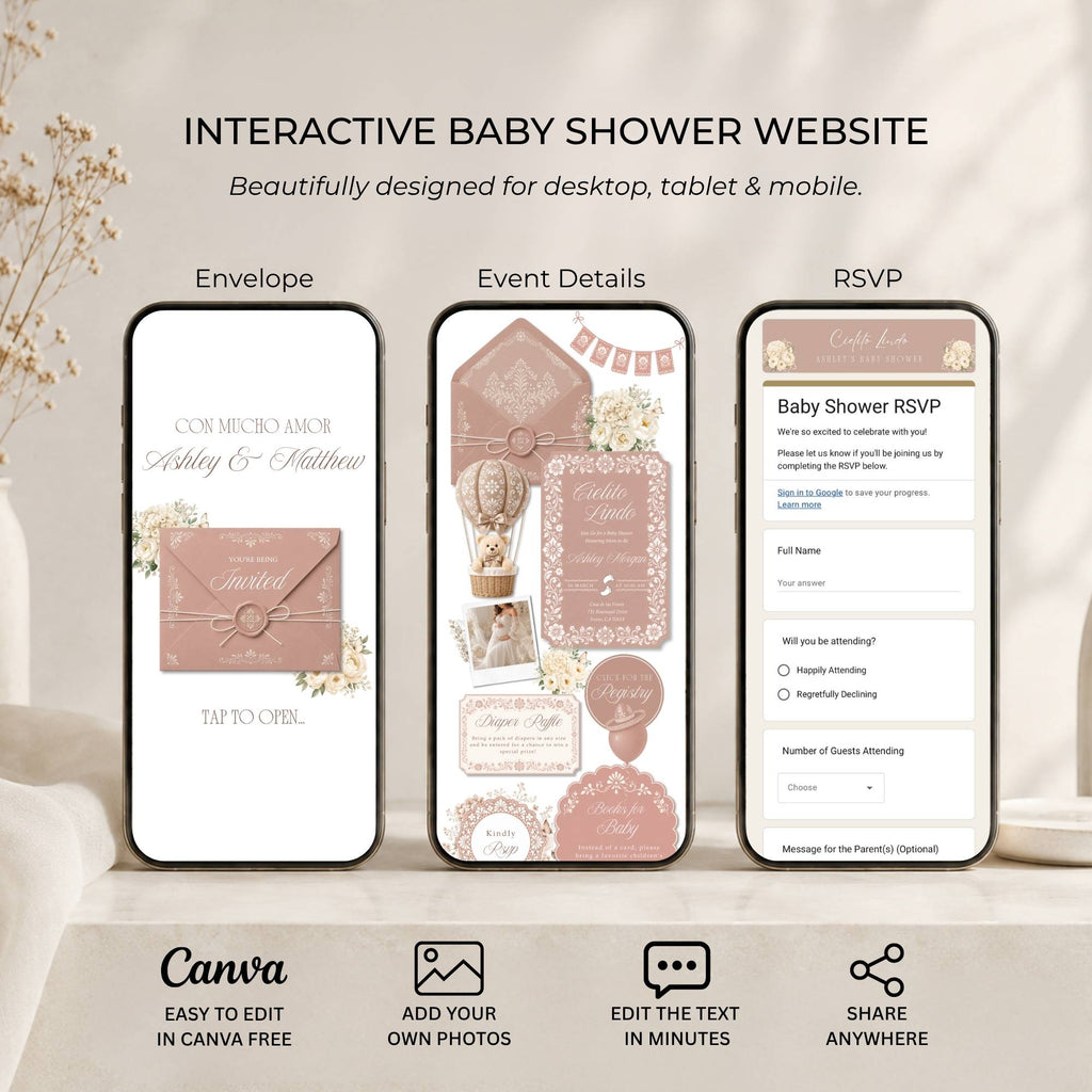Features included in the Cielito Lindo baby shower website with RSVP, registry and diaper raffle.
