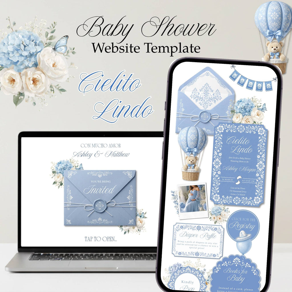 Cielito Lindo boy baby shower website with elegant blue floral design and online RSVP.