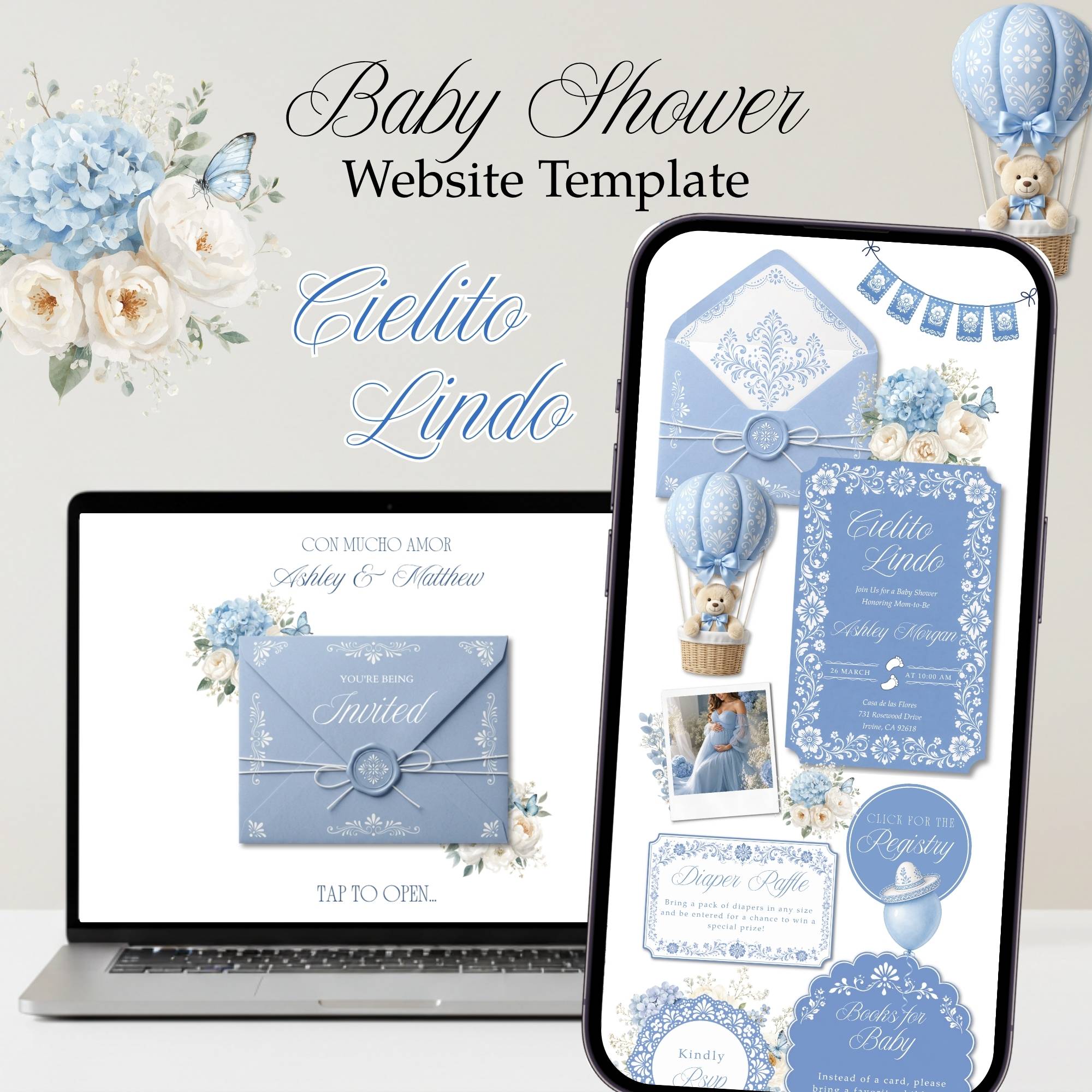 Cielito Lindo boy baby shower website with elegant blue floral design and online RSVP.