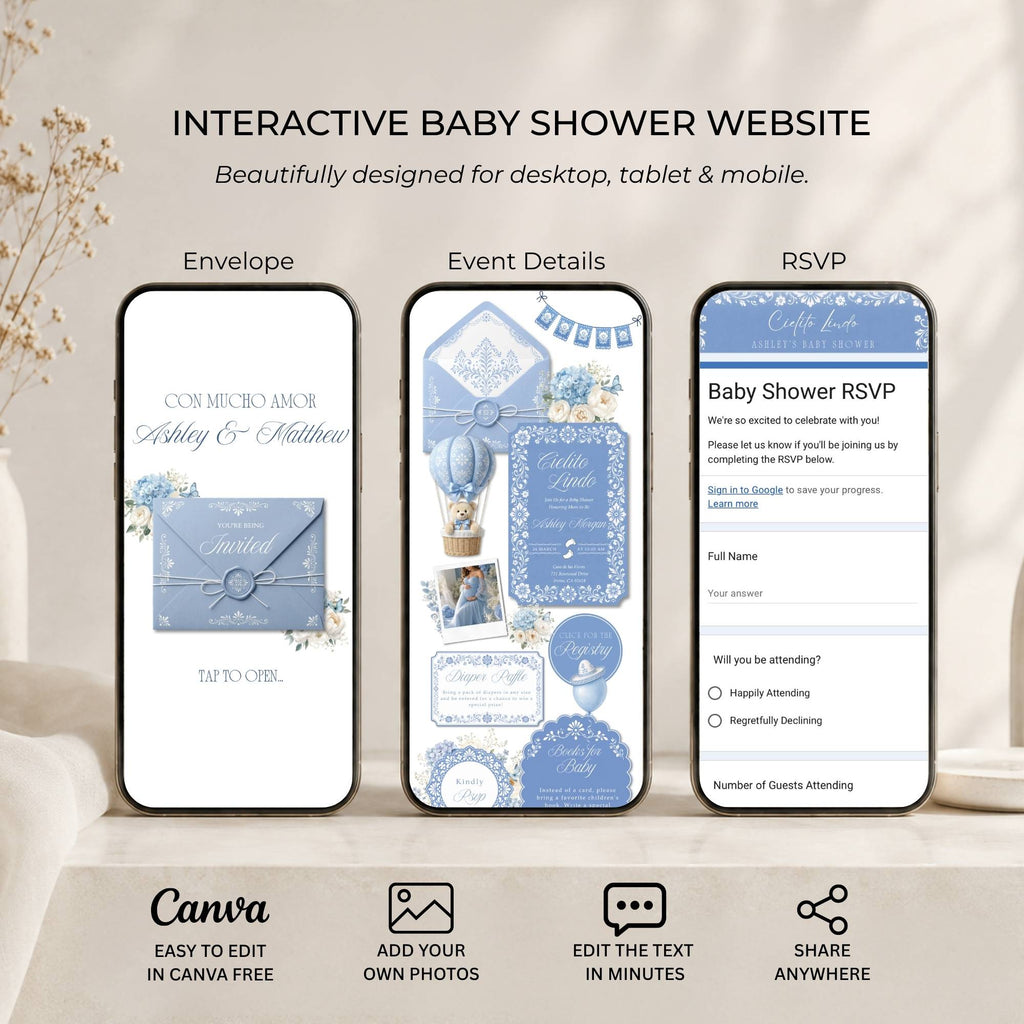 Features included in the Cielito Lindo boy baby shower website with RSVP, registry and diaper raffle.