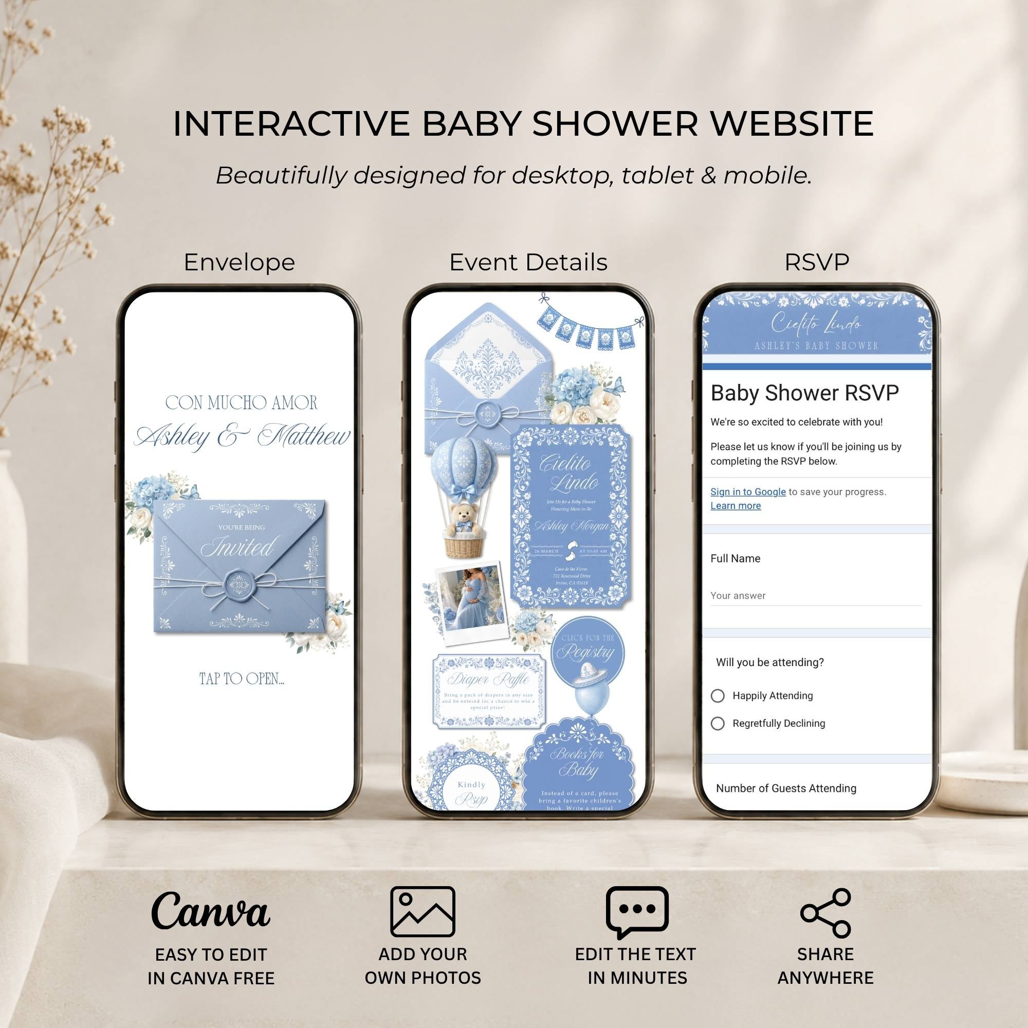 Features included in the Cielito Lindo boy baby shower website with RSVP, registry and diaper raffle.