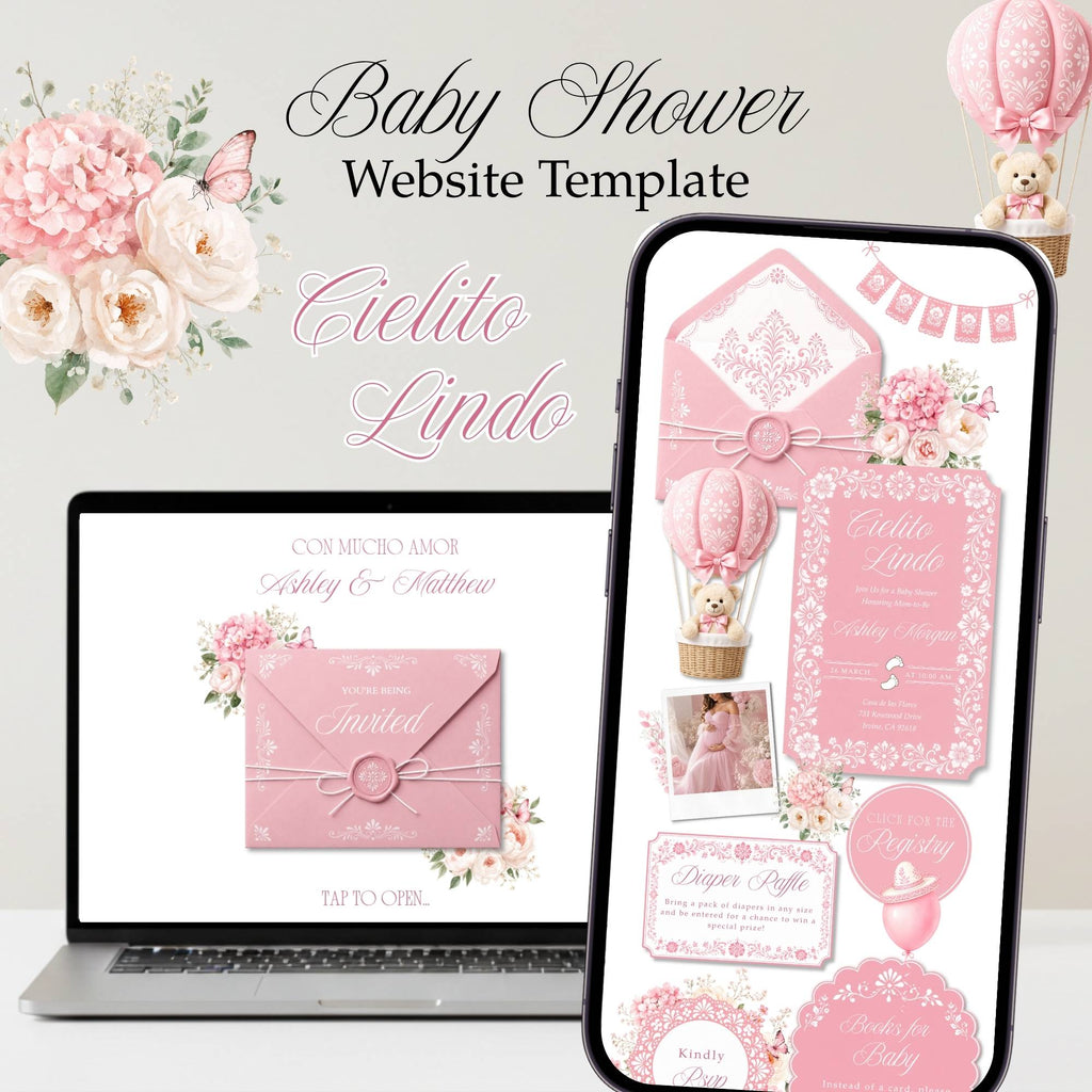 Cielito Lindo girl baby shower website with elegant pink floral design and online RSVP.