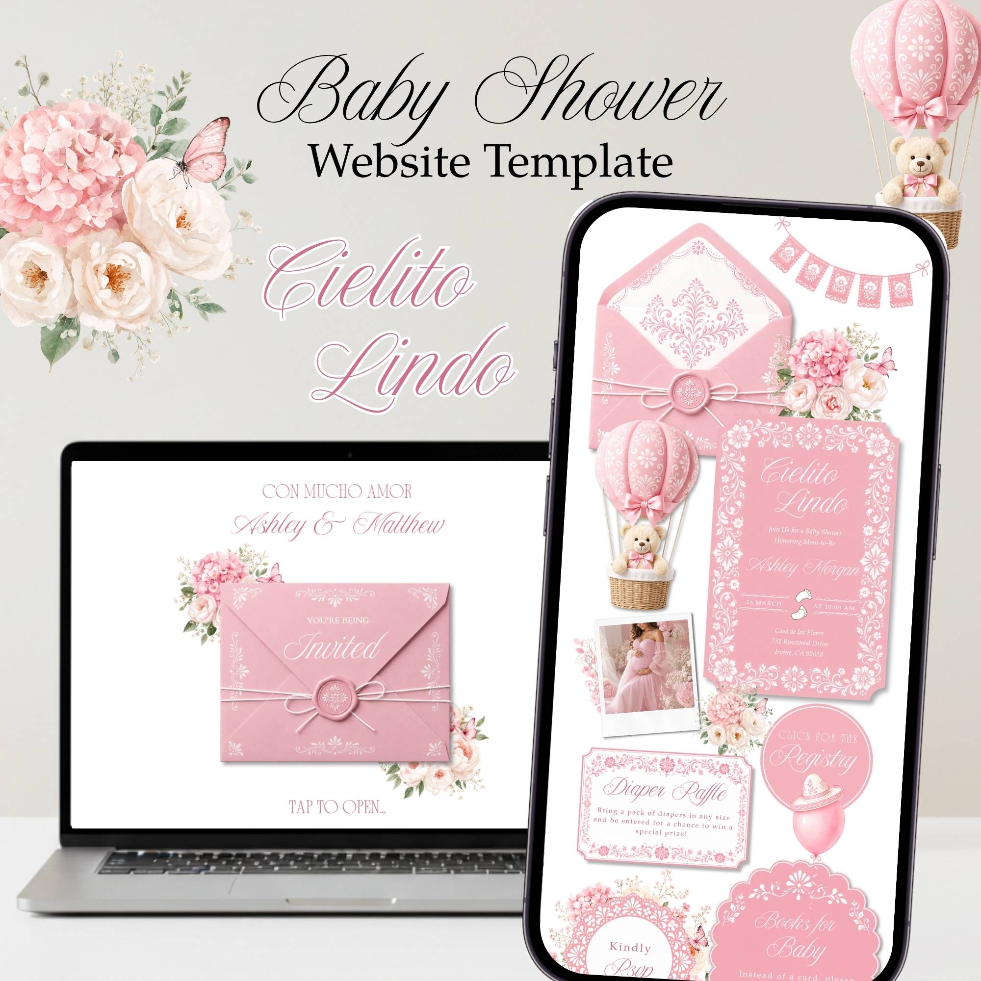Cielito Lindo girl baby shower website with elegant pink floral design and online RSVP.