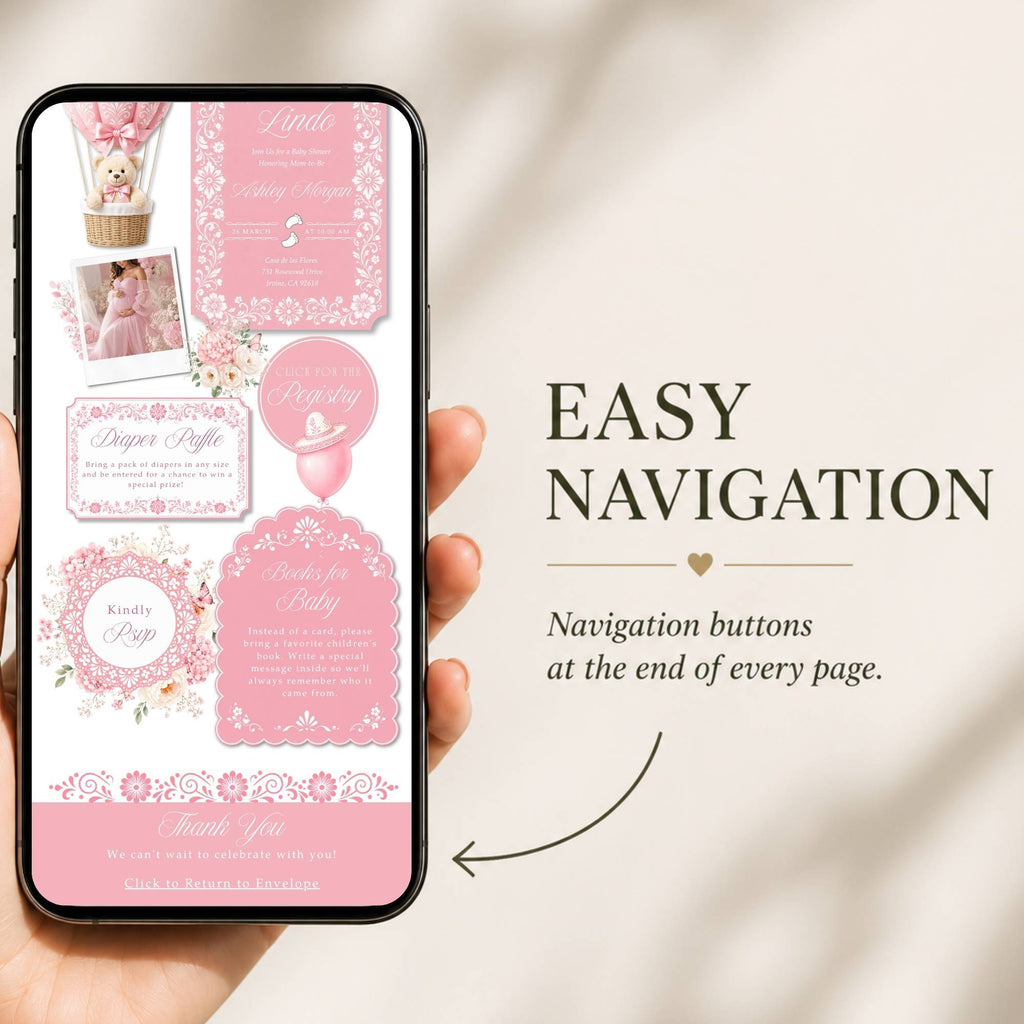 Mobile-friendly Cielito Lindo girl baby shower website with simple page navigation.