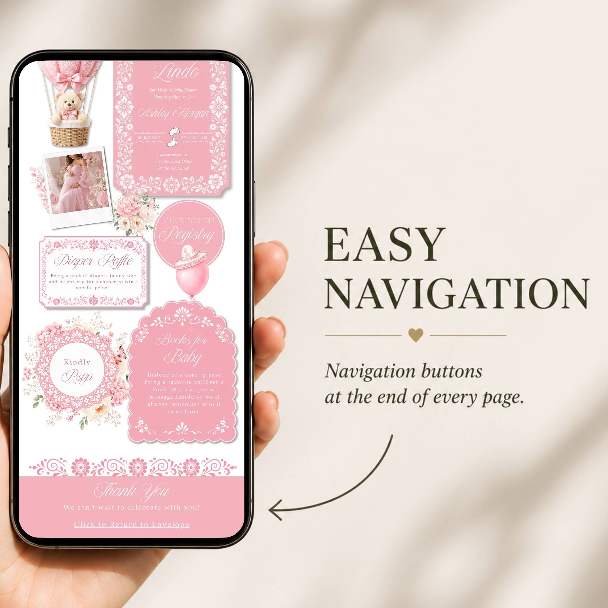 Mobile-friendly Cielito Lindo girl baby shower website with simple page navigation.