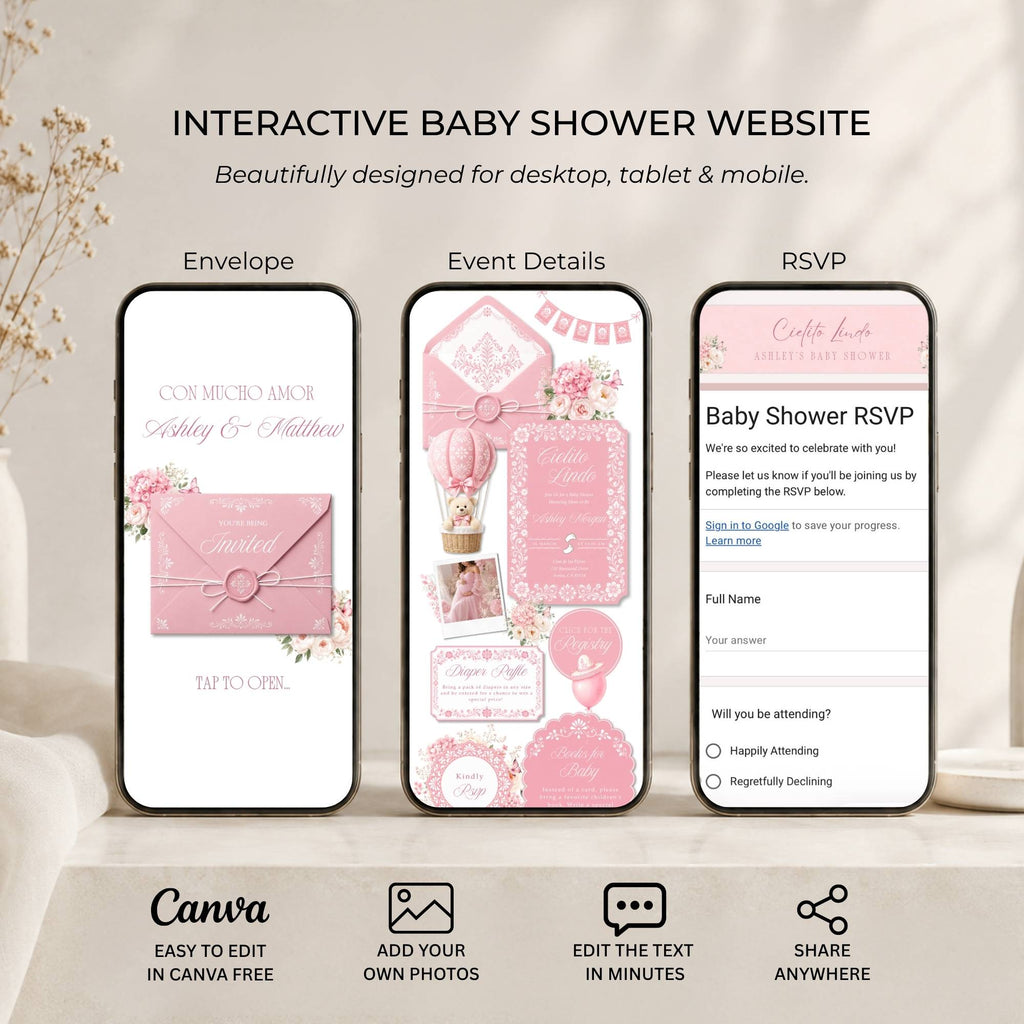 Features included in the Cielito Lindo girl baby shower website with RSVP, registry and diaper raffle.