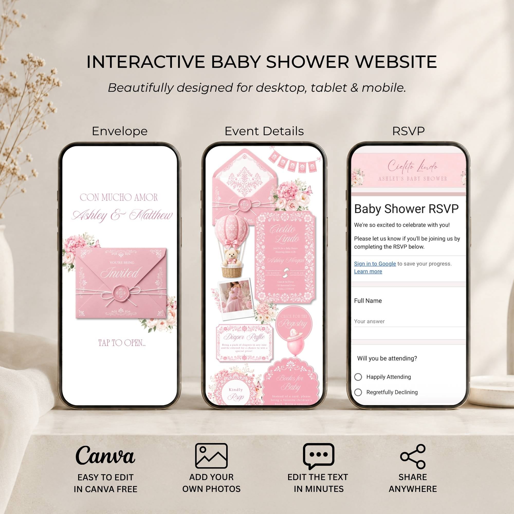 Features included in the Cielito Lindo girl baby shower website with RSVP, registry and diaper raffle.