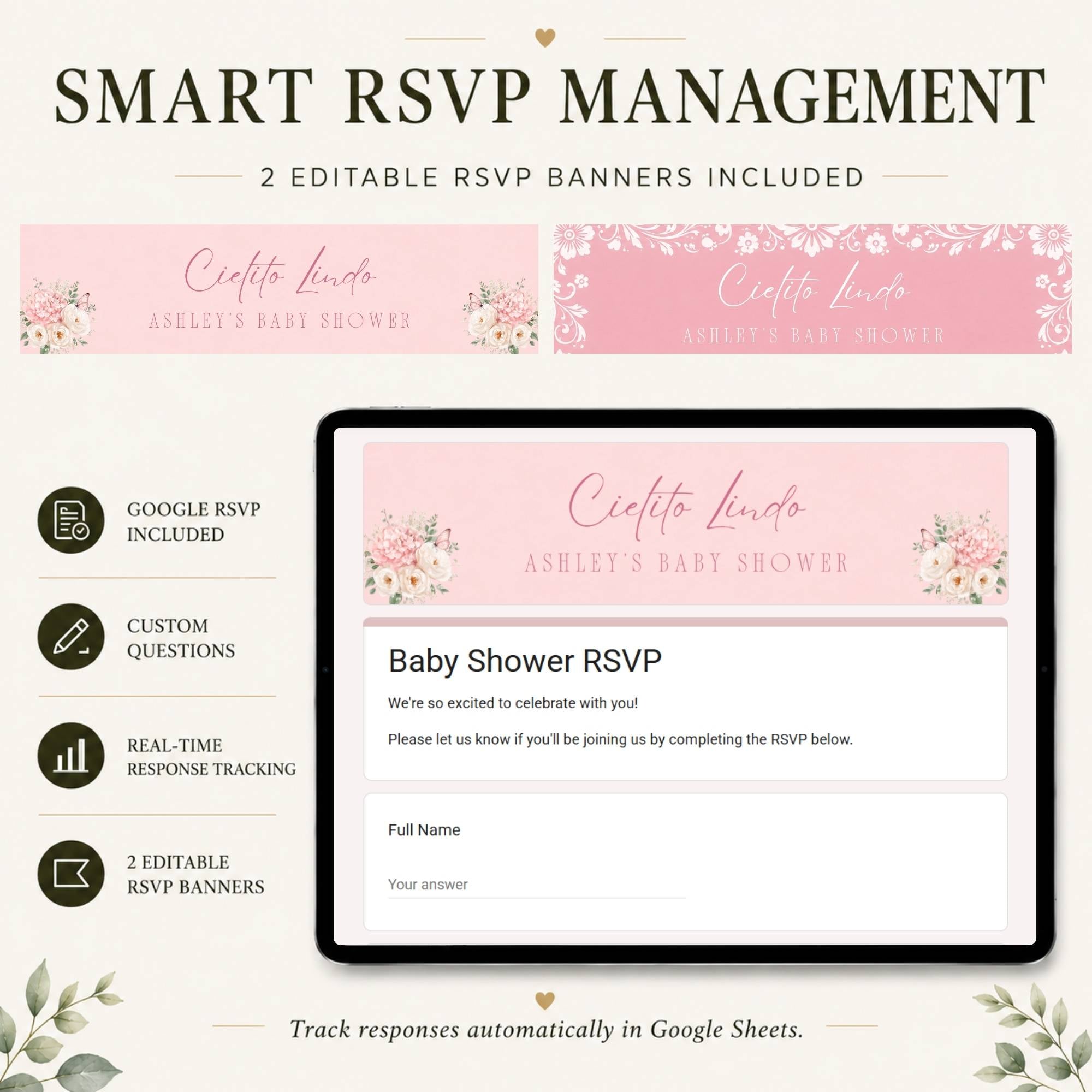 Online RSVP page for the Cielito Lindo girl baby shower website template.