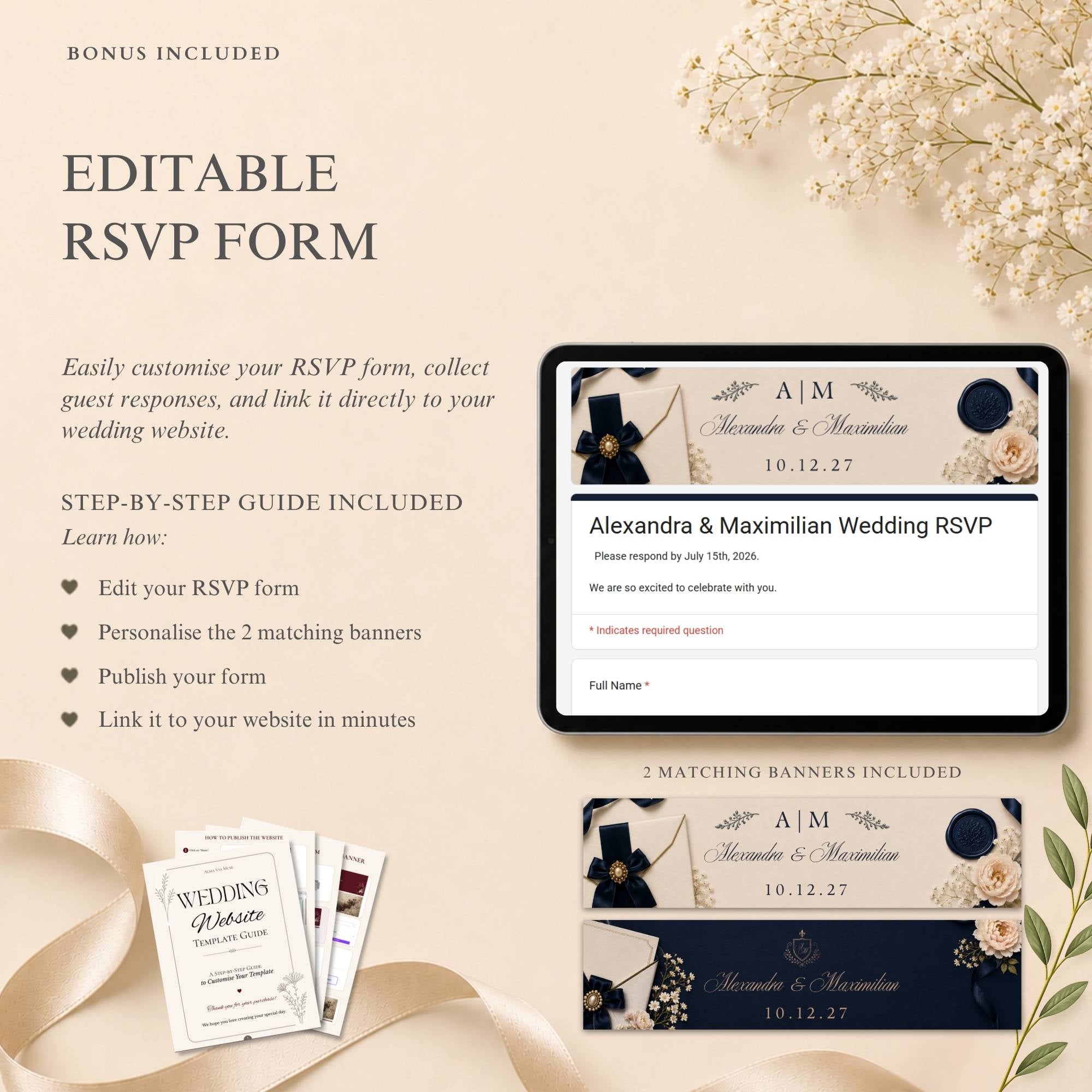 Classic luxury wedding website template with navy and cream colour palette