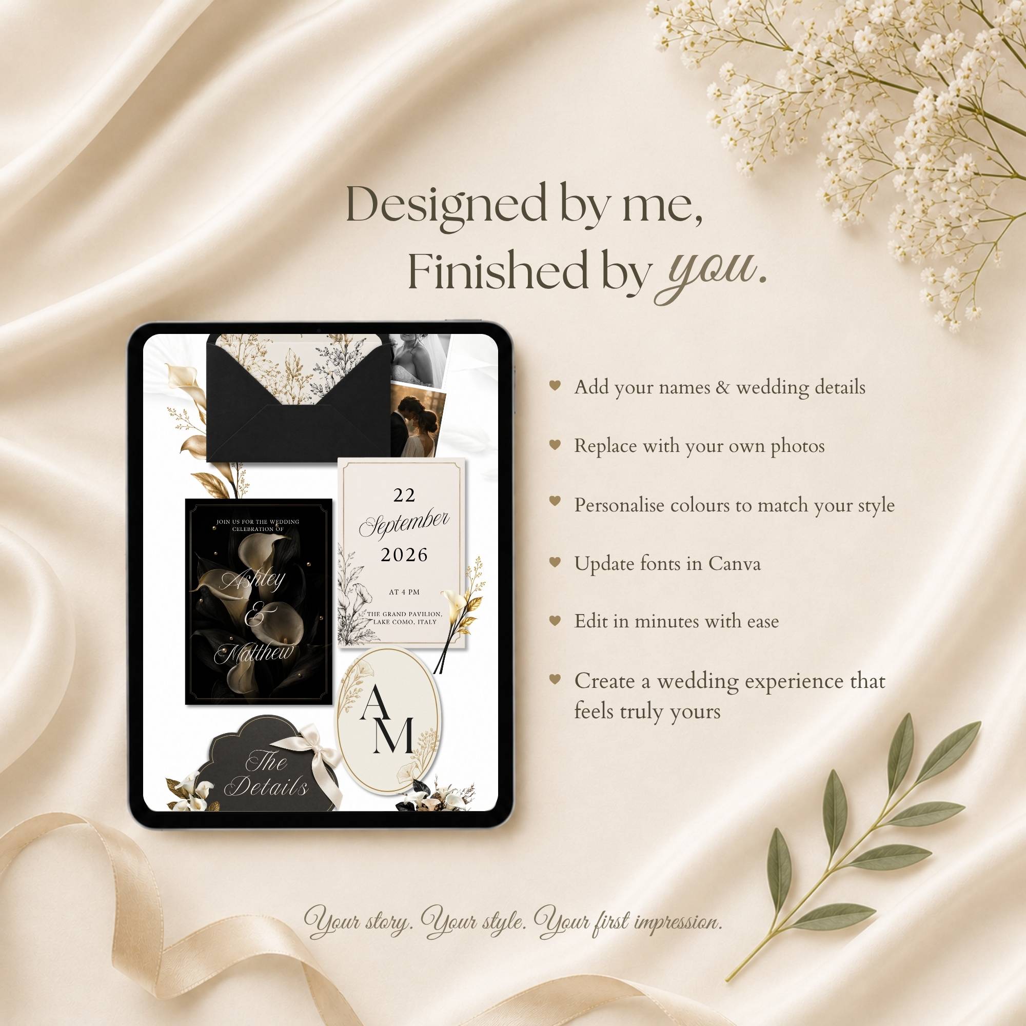 Classy wedding website template featuring black gold and ivory details