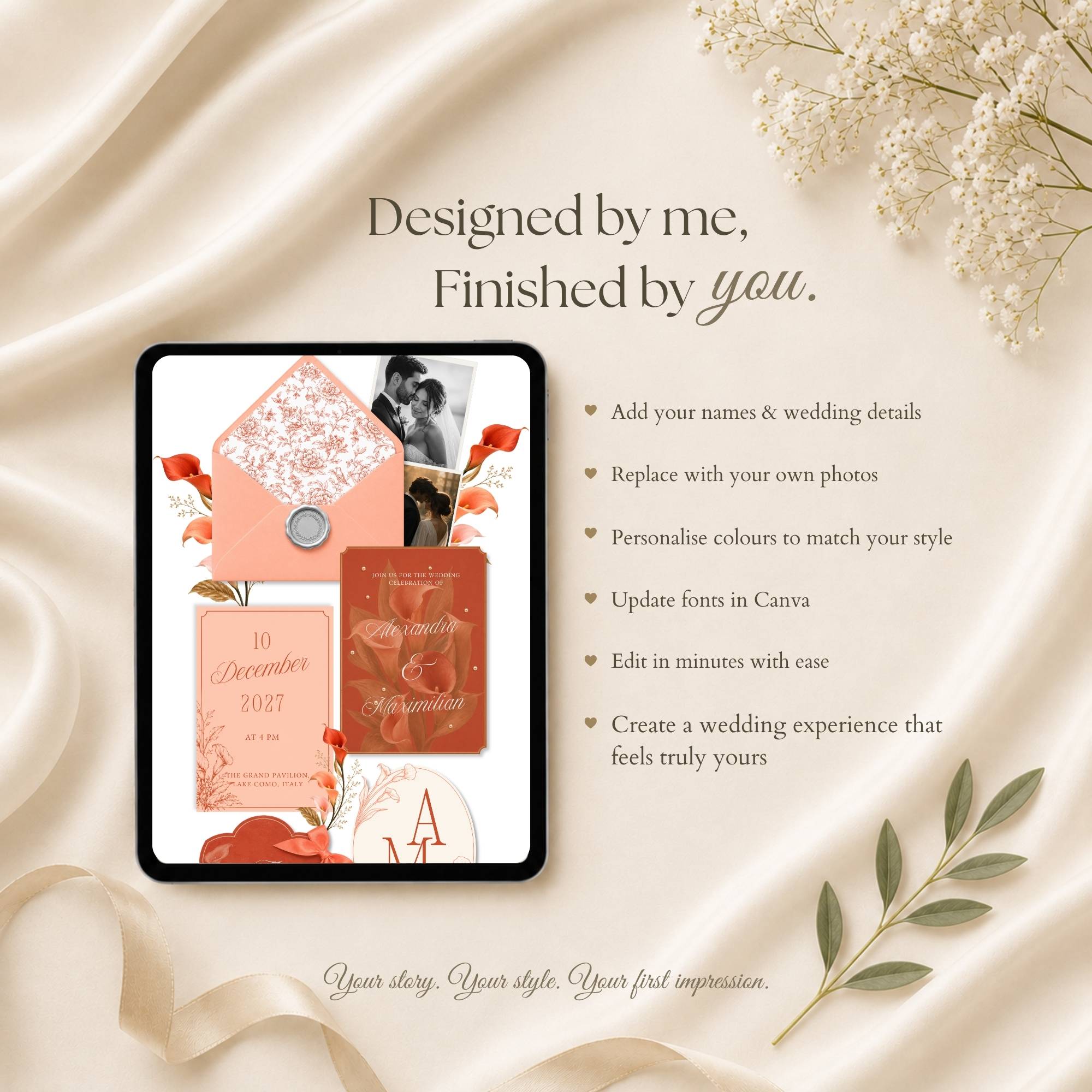 Wedding details page with ceremony reception and travel information in coral wedding theme