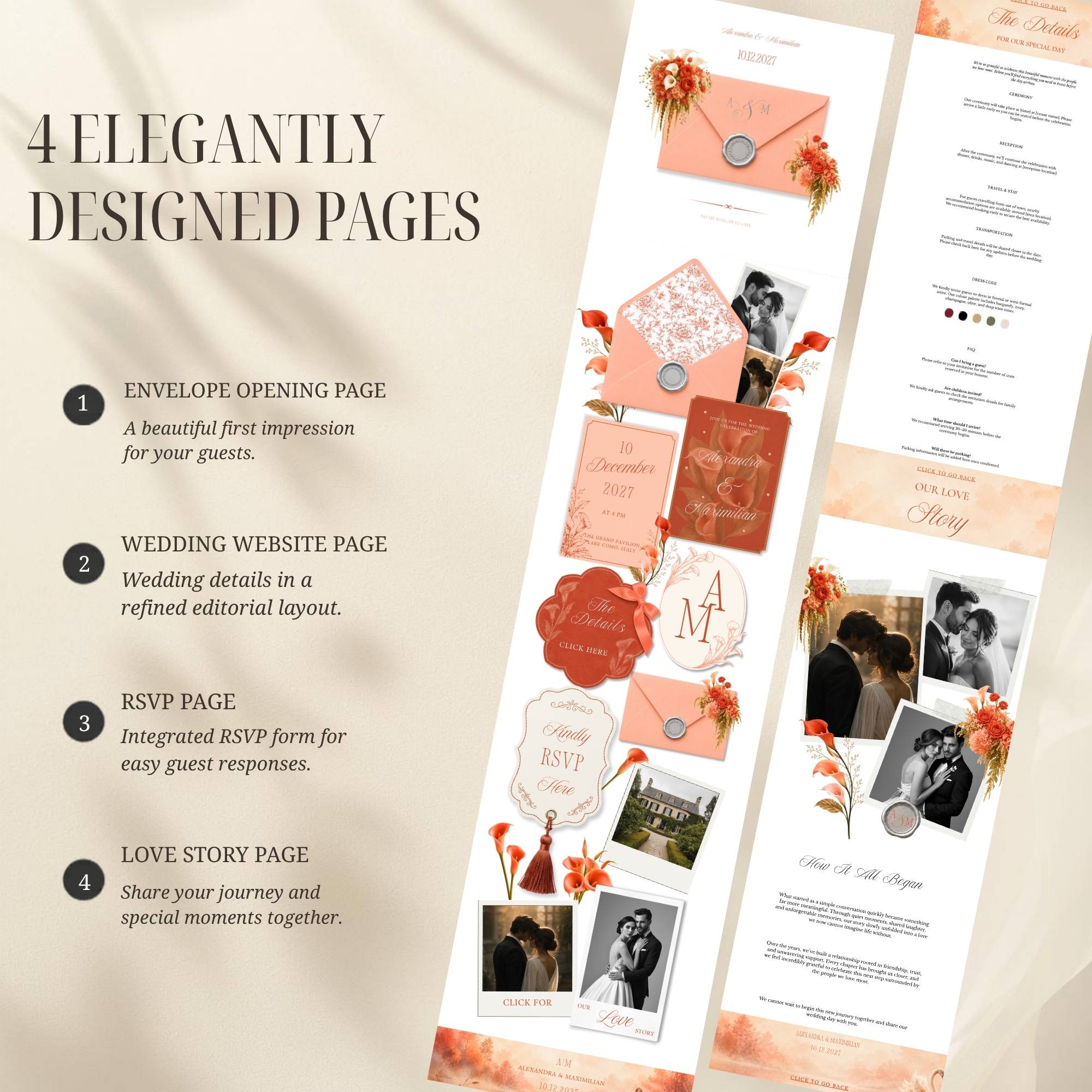 Interactive envelope opening page for coral wedding website template
