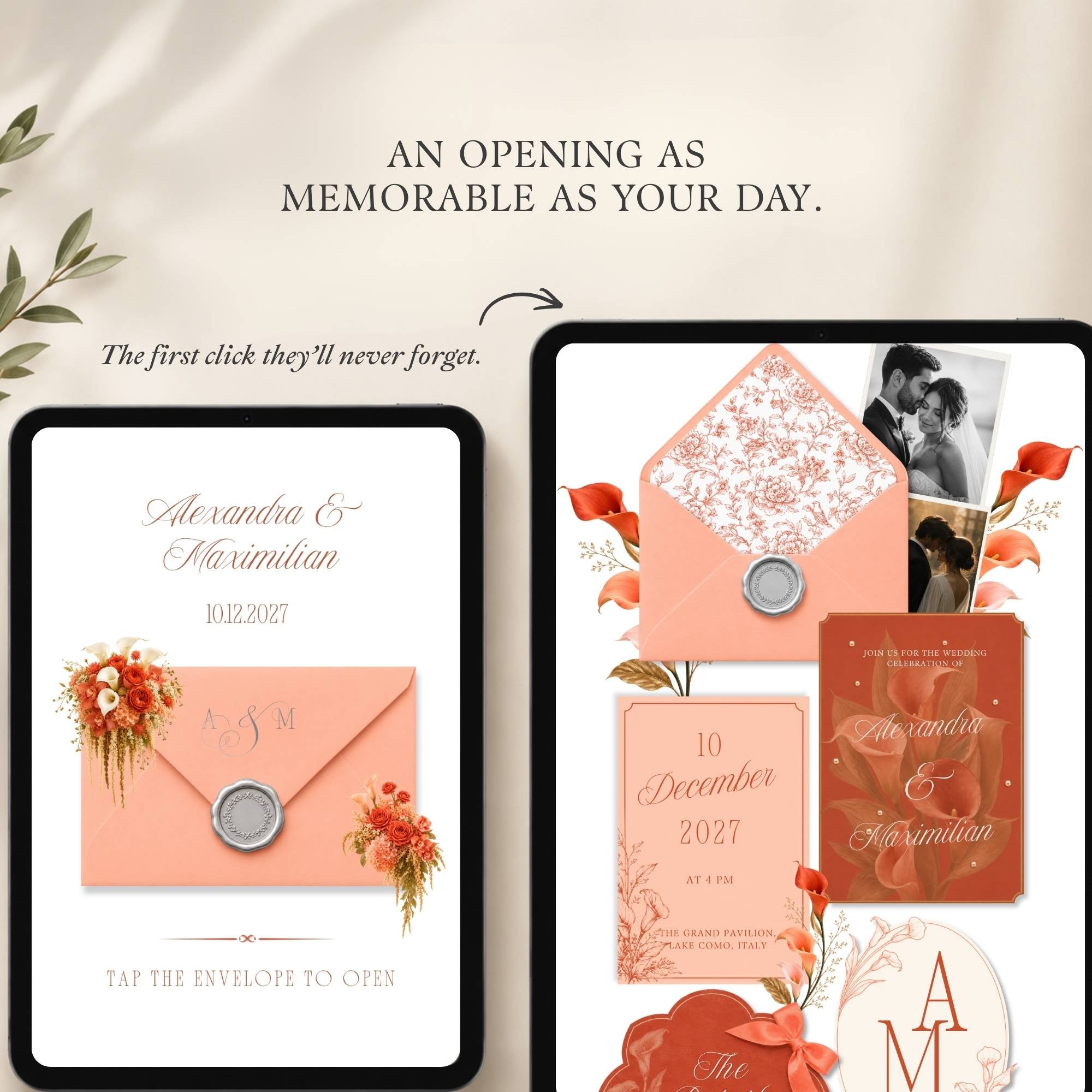 Coral Canva wedding website homepage with calla lily floral details
