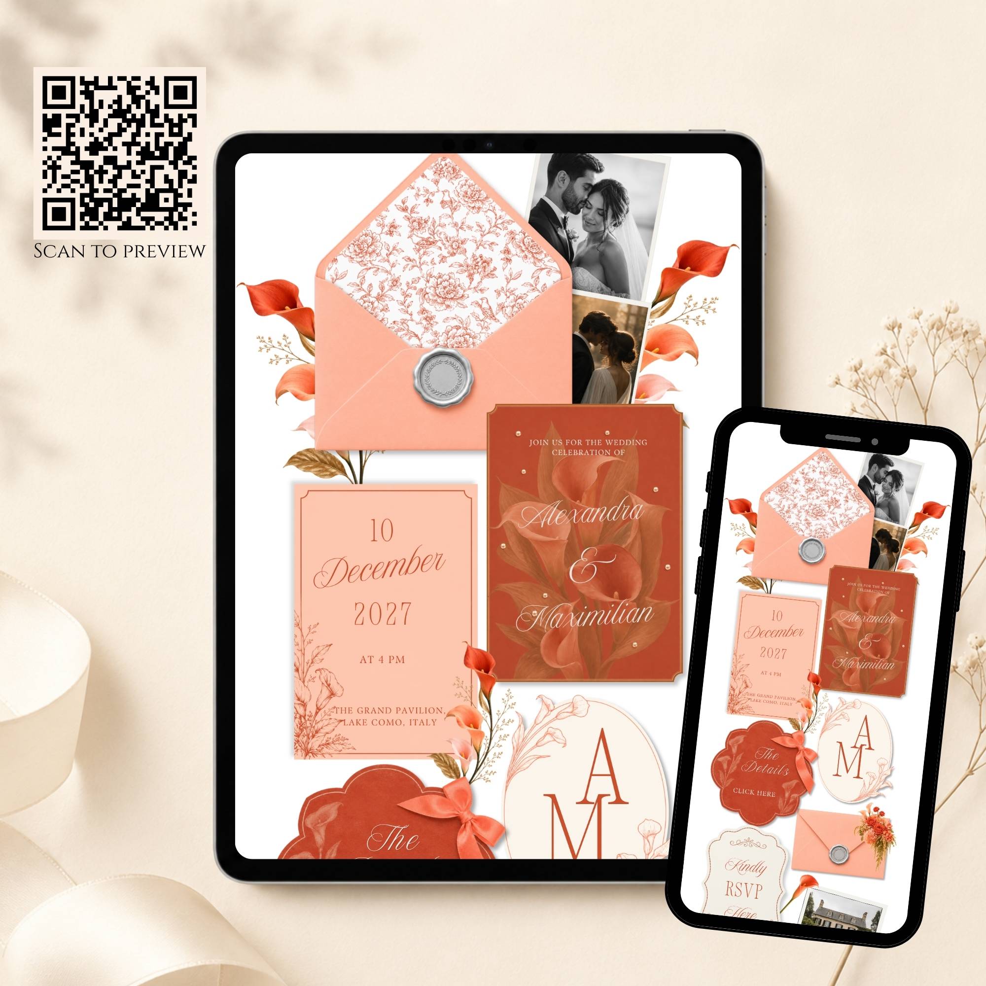 Mobile wedding website template with coral calla lily floral design