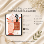 Four page coral wedding website template featuring RSVP page love story page and wedding details page