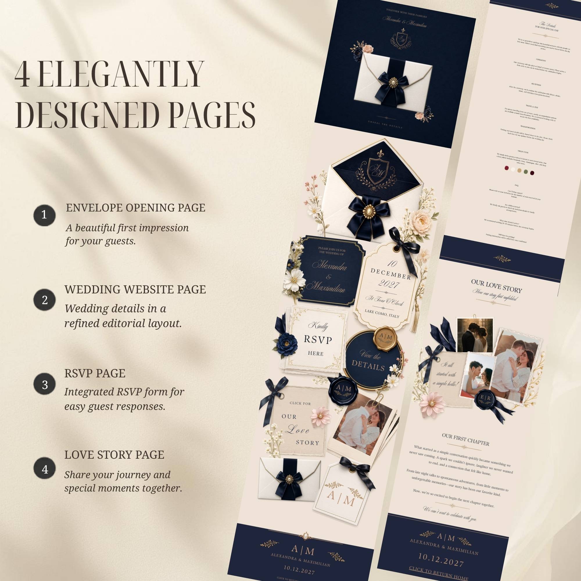 Elegant wedding website template with custom crest monogram and luxury wedding design