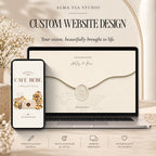 Custom website design service by Alma Via Studio featuring elegant personalised Canva websites displayed on a laptop and smartphone.