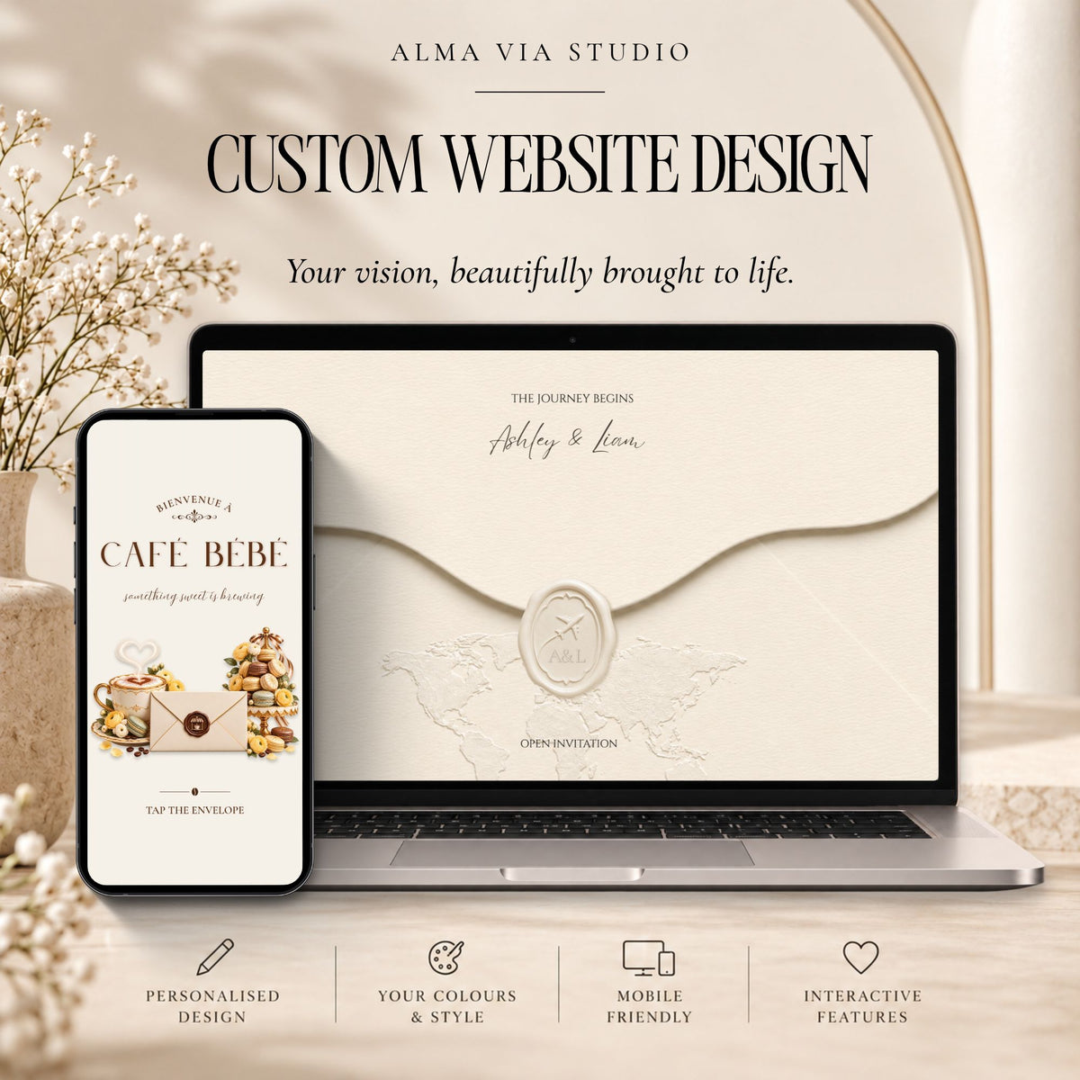 Custom website design service by Alma Via Studio featuring elegant personalised Canva websites displayed on a laptop and smartphone.