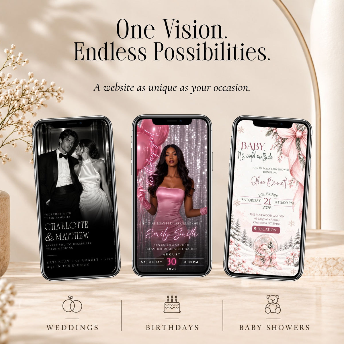 Custom Canva website design examples for weddings, birthdays and baby showers, featuring personalised digital invitations in different styles.