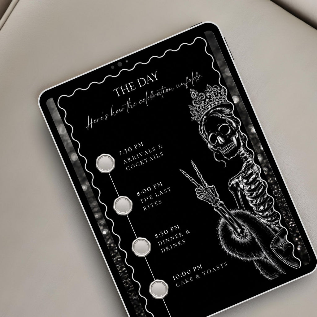 Black and white Death to My 20s birthday website featuring a party schedule with vintage-inspired typography and skeleton illustrations.