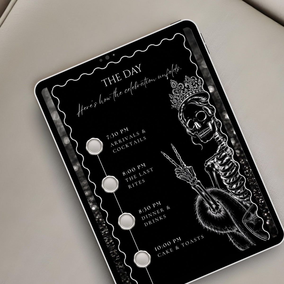 Black and white Death to My 20s birthday website featuring a party schedule with vintage-inspired typography and skeleton illustrations.