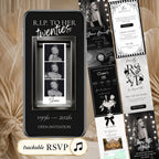 Death to My 20s birthday website template featuring black and white RIP to Her Twenties invitation, photo tribute, RSVP and music.
