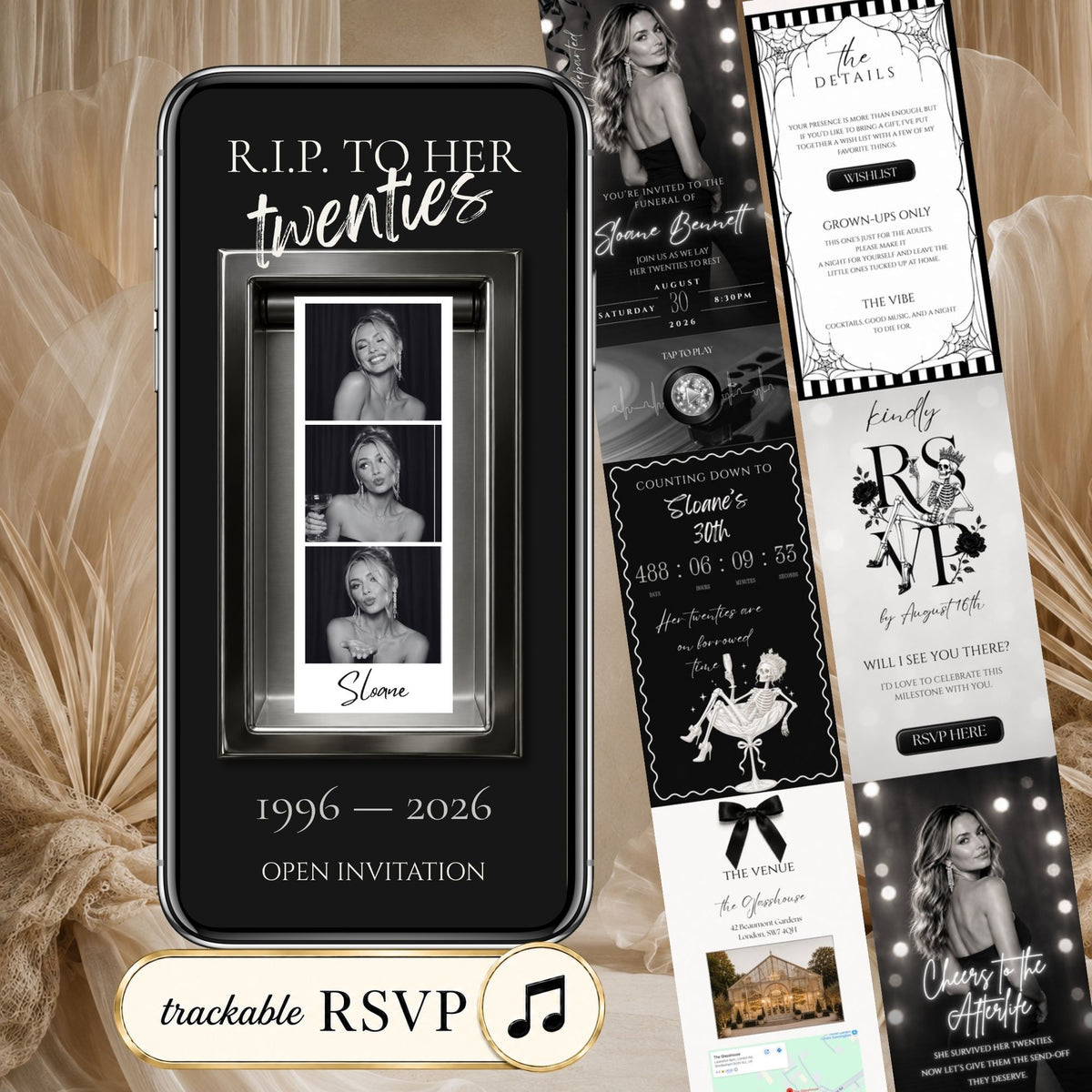 Death to My 20s birthday website template featuring black and white RIP to Her Twenties invitation, photo tribute, RSVP and music.