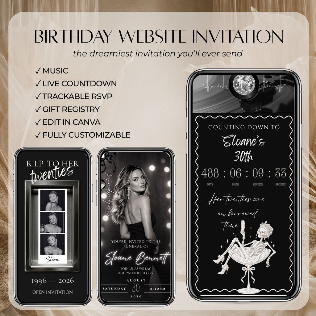 Death to My 20s birthday website featuring live countdown, background music, RSVP form, photo gallery and customisable 30th birthday details.