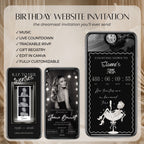 Death to My 20s birthday website featuring live countdown, background music, RSVP form, photo gallery and customisable 30th birthday details.