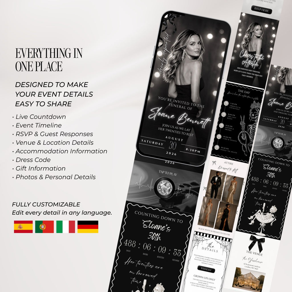 Overview of the Death to My 20s birthday website template featuring invitation, countdown, RSVP, event details, photo gallery and party schedule.
