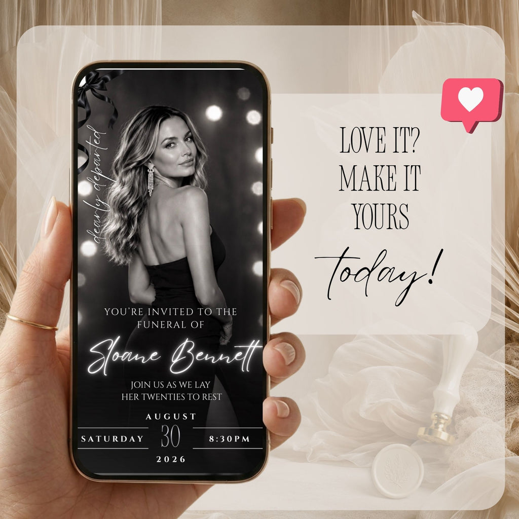 RIP to Her Twenties 30th birthday website invitation displayed on a mobile phone with black and white photography and elegant party details.
